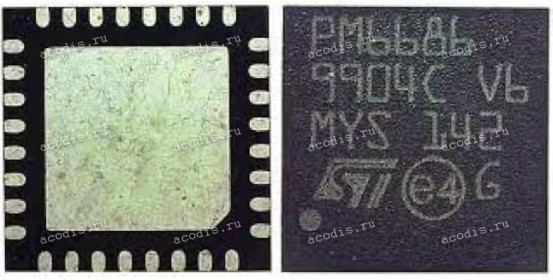 Микросхема STMicroelectronics PM6686, PM6686TR QFN-32, VFQFPN-32 5 x 5 mm Dual step-down controller with adjustable voltages, adjustable LDO and auxiliary charge pump controller for notebook