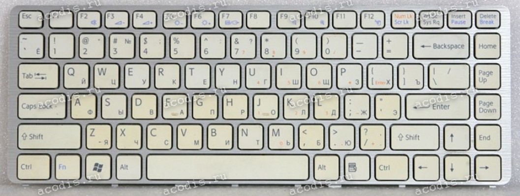 Keyboard Sony VGN-NW белая матовая в серебристой рамке русифицированная (p/n: 148737941, A1736534A, 012-003a-1367)